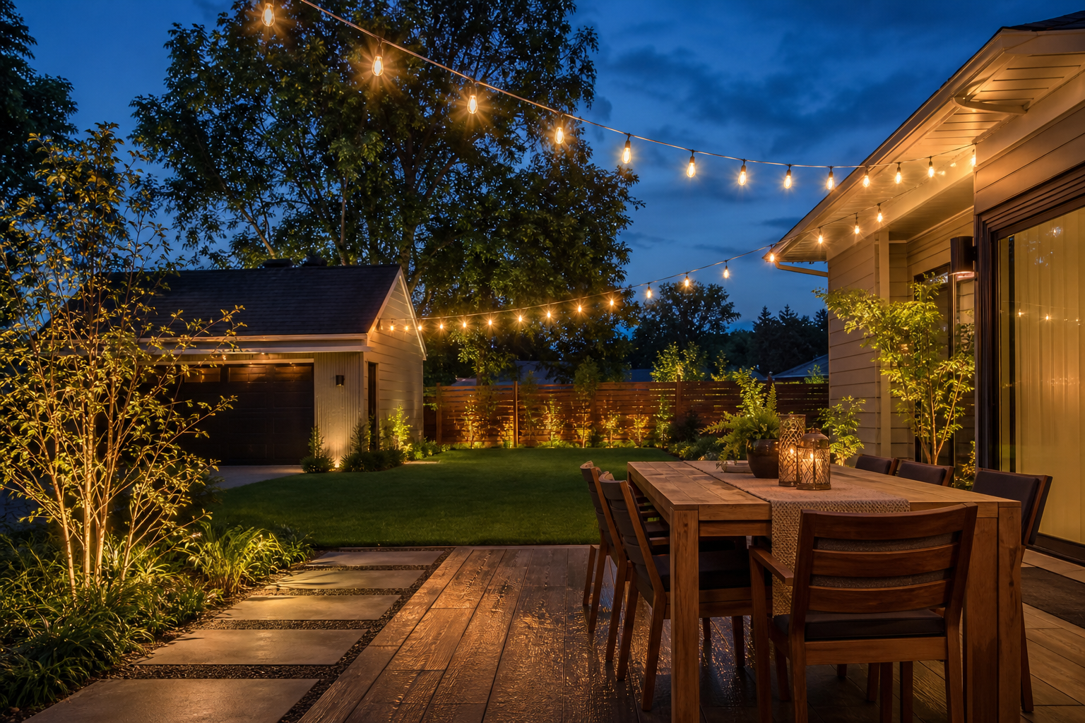 Backyard patio at dusk with string lights